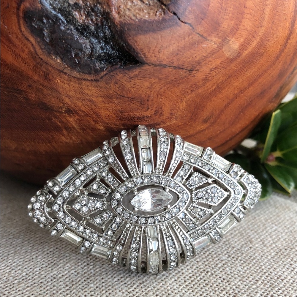 Silver Crystal Art Deco Statement Brooch - Women Jewelry